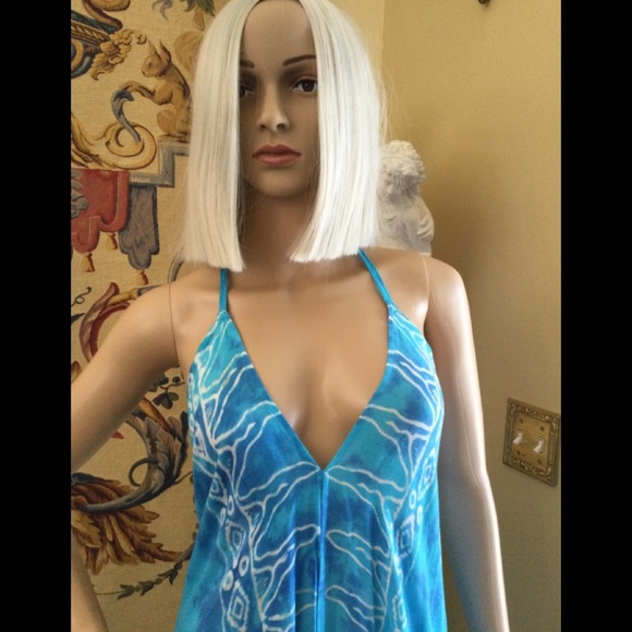 Bohemian Tie Dye Maxi Dress, Halter Backless, Asymmetrical Swim Cover Up Turq OS - Picture 9 of 16